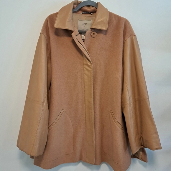 Tomaso Stefanelli Wool Coat Leather Sleeves Camel Italian Designer Sz XL 46 - Picture 2 of 14